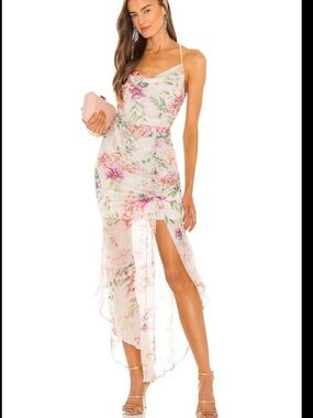 SAU LEE Floral Pink summer 100%silk High-Low Slip Dress with Spaghetti Straps